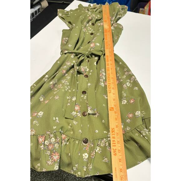 Monteau Floral Midi Dress L Green Button Front Belted Cottagecore Prairie - Picture 5 of 6